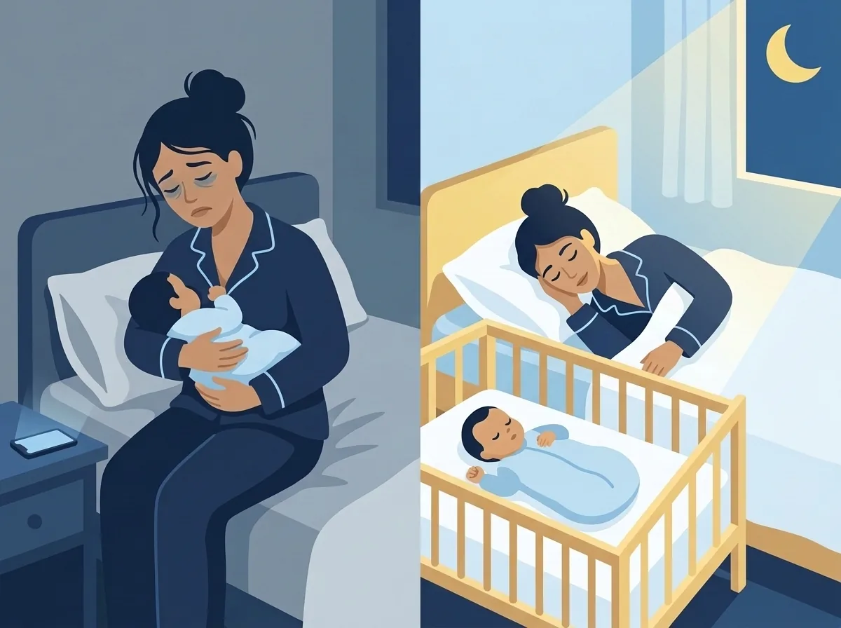 Ilustração: de um lado, a mãe com olheiras embalando o bebê no colo de madrugada; do outro, a mesma mãe dormindo e o bebê dormindo sozinho no berço.