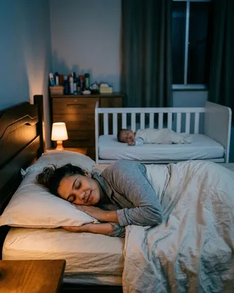 A mesma mãe dormindo tranquila, com o bebê dormindo sozinho no berço ao fundo