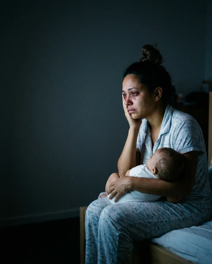 Mãe exausta de madrugada, com o bebê no colo e a mão no rosto, quase chorando