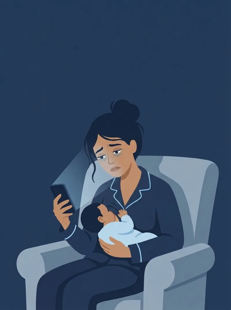 Ilustração: uma mãe de madrugada, sentada na poltrona, amamentando o bebê e olhando o celular, com cara de cansada